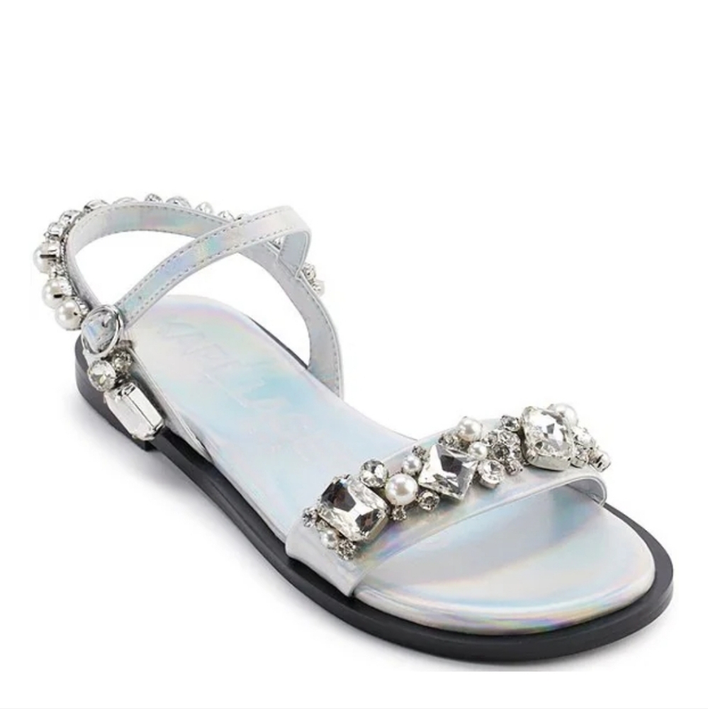 Karl Lagerfeld NWT Gwenda Irridescent Silver Embellished Flat Sandals Size 6